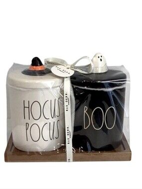 🌺 Rae Dunn 2pc Hocus Pocus/Boo Canister Set with Wood Tray